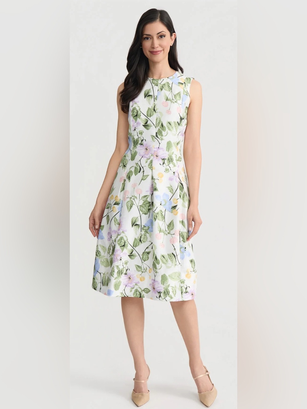 Kasper White Sleeveless Midi Dress with Blue, Lavender & Green Floral Print
